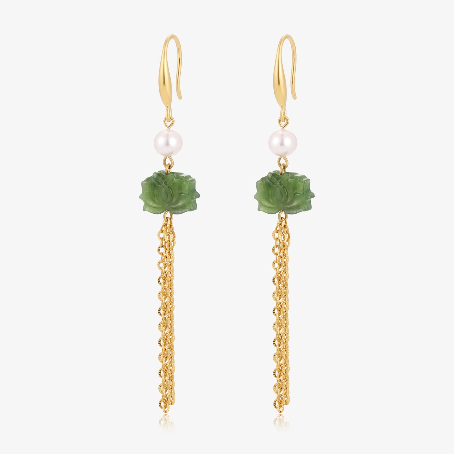 Long Dangle Flower Jade & Fresh Water Pearl Earrings
