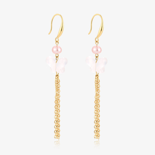 Long Dangle Butterfly Jade & Baby Fresh Water Pearl Earrings