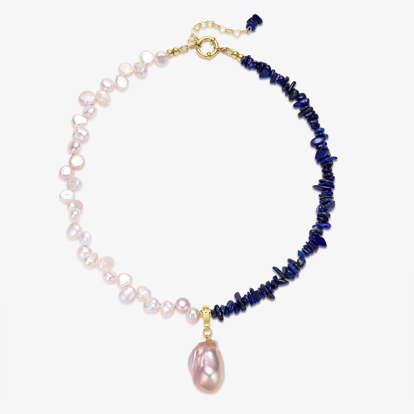 Half Natural Lapis & Half Fresh Water Pearl Necklace